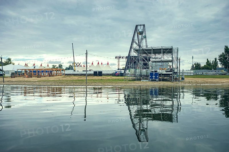 Set-up for the SonneMondSterne festival at the Bleiloch dam near Saalburg, Thuringia, Germany, Europe