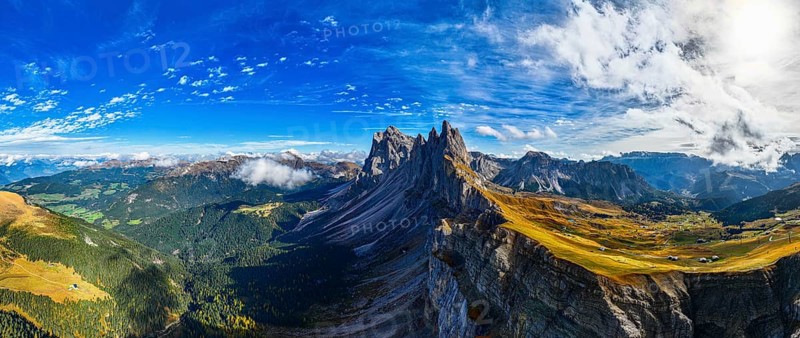 The peaks Sas Rigais and Furchetta of the Geisler group, wide-angle panoramic photo, drone photo, Val Gardena, Dolomites, Autonomous Province of Bolzano, South Tyrol, Italy, Europe