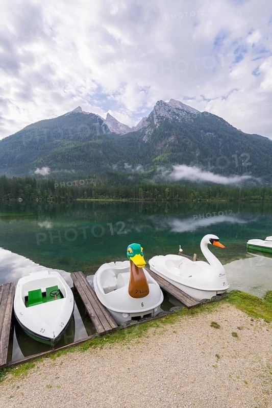 Jetty with boats at Hintersee, pedal boats, Ramsau, Berchtesgaden National Park, Berchtesgadener Land, Upper Bavaria, Bavaria, Germany, Europe