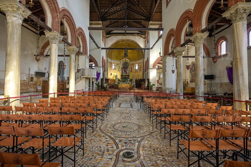 Interior view of the Basilica di Santi Maria e Donato with Byzantine mosaic pavement, Murano, Venice, Metropolitan City of Venice, Italy, Europe