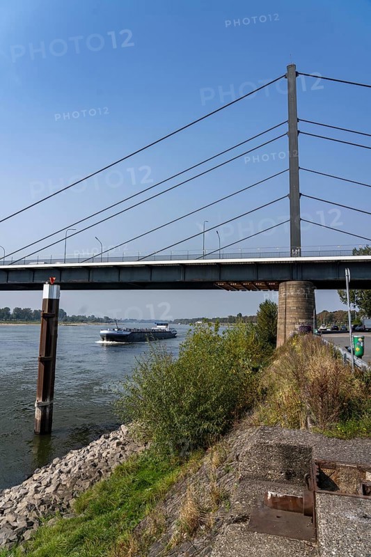 The Theodor-Heuss-Bridge, Rhine crossing, cable-stayed bridge, first road bridge of the so-called Düsseldorf bridge family, is dilapidated, concrete damage, closed to vehicles over 30 tonnes total weight, planning of a new replacement has started, Düsseldorf, North Rhine-Westphalia, Germany, Europe
