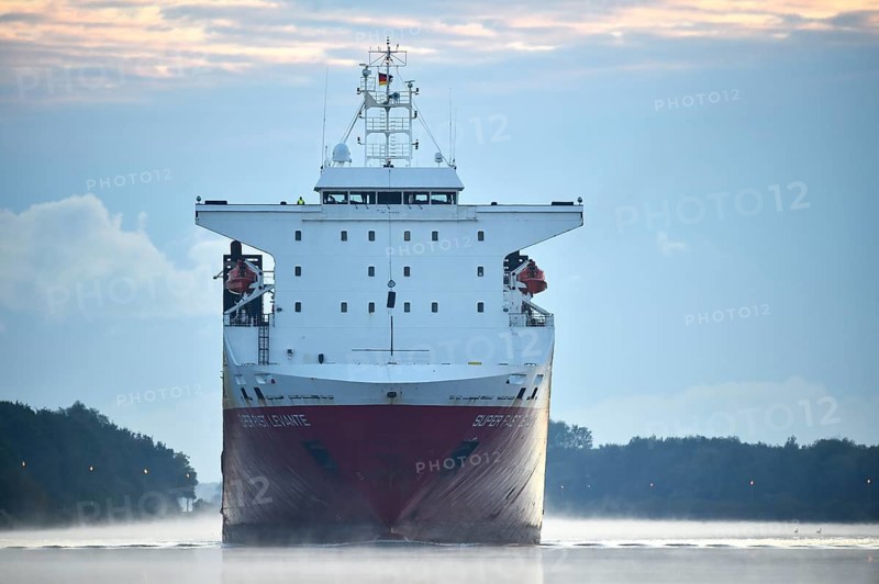 RoRo cargo ship Super Fast Levante travelling through the Kiel Canal at sunrise, Kiel Canal, Schleswig-Holstein, Germany, Europe