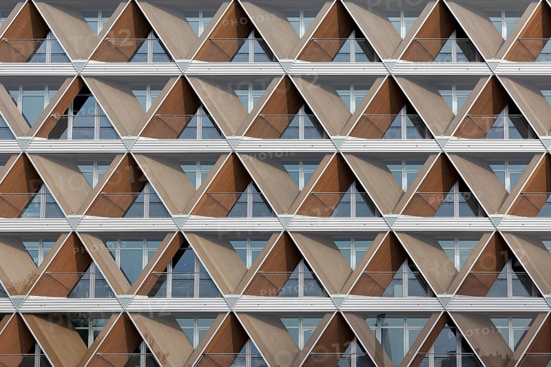 Façade with honeycomb structure, office building The Cradle by HPP Architekten, innovative timber hybrid construction, sustainable building, Düsseldorf Media Harbour, Düsseldorf, North Rhine-Westphalia, Germany, Europe