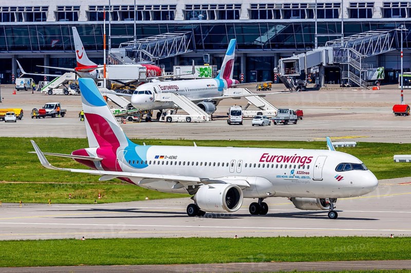 A Eurowings Airbus A320neo aircraft with the registration D-AENG at Stuttgart Airport, Germany, Europe