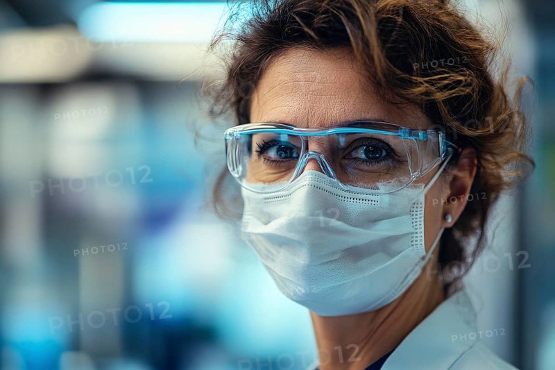 Middle aged female scientist with face mask and protective glasses in lab. Generative Ai, AI generated
