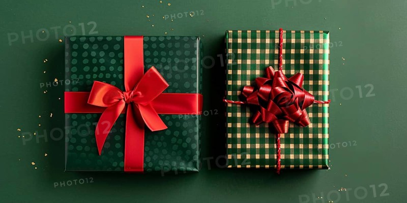 Top view of Christmas gift boxes with red ribbon on green background. Generative Ai, AI generated