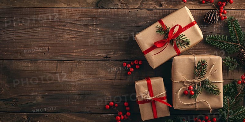 Top view of Christmas gift boxes wrapped in brown craft paper with berries and fir branches on wooden background with copy space. Generative Ai, AI generated