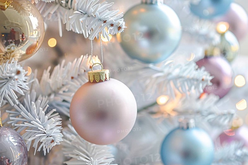 Close up of beautiful pastel colored bauble ornaments on branches of white christmas tree. Generative Ai, AI generated