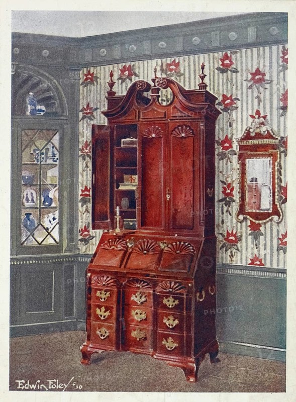 Furniture around the turn of the century 1900, Desk with block-front and mahogany cabinet top, mahogany and gilt constitution mirror (1910, 1911), Mahogany cabinet-topped block-front scrutoir, Mahogany and gilt constitution mirror (1910, 1911) .jpg