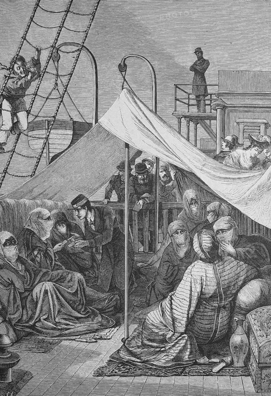 The woman of a Turkish harem on the steamboat between Constantinople and Barna, Turkey, Historical, digitally restored reproduction from a 19th century original, Record date not stated, Asia