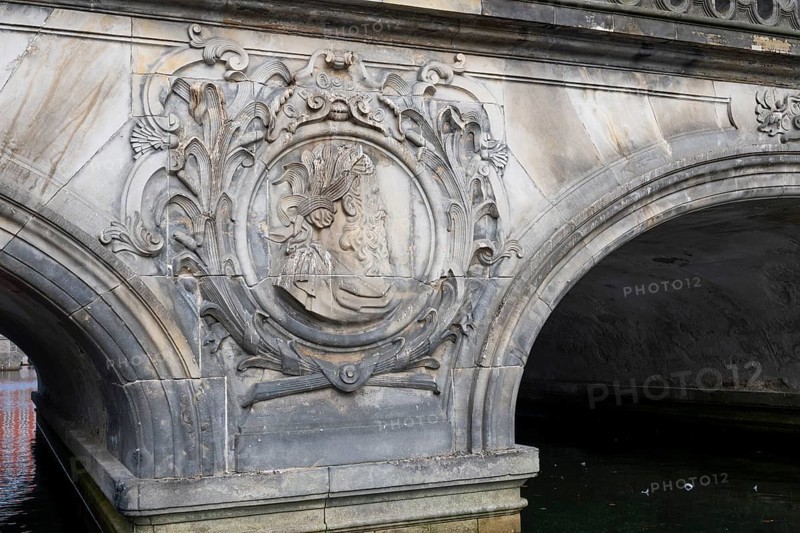 Detail of the Rococo-style marble bridge by Nicolai Eigtved, Frederiksholm Canal, Christiansborg Palace, Danish Parliament, Folketinget, Copenhagen, Denmark, Europe