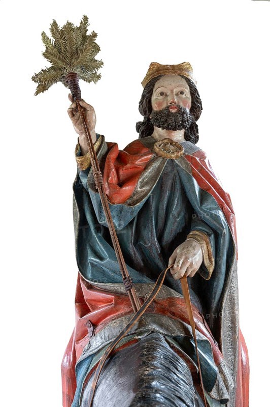 Head of Christ, detail of the palm donkey on white ground, wooden figure from around 1470, Church of St Jodokus, Bad Oberdorf, Oberallgäu, Bavaria, Germany, Europe