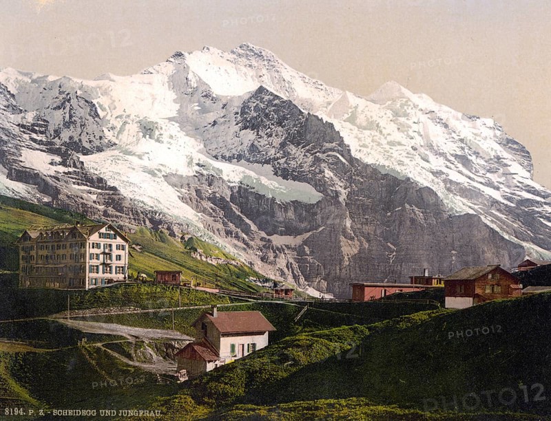 Jungfrau und Scheidegg, Berner Oberland, Schweiz, Historische, digital restaurierte Reproduktion nach einem Original aus dem 19. Jahrhundert, Aufnahmedatum nicht angegeben