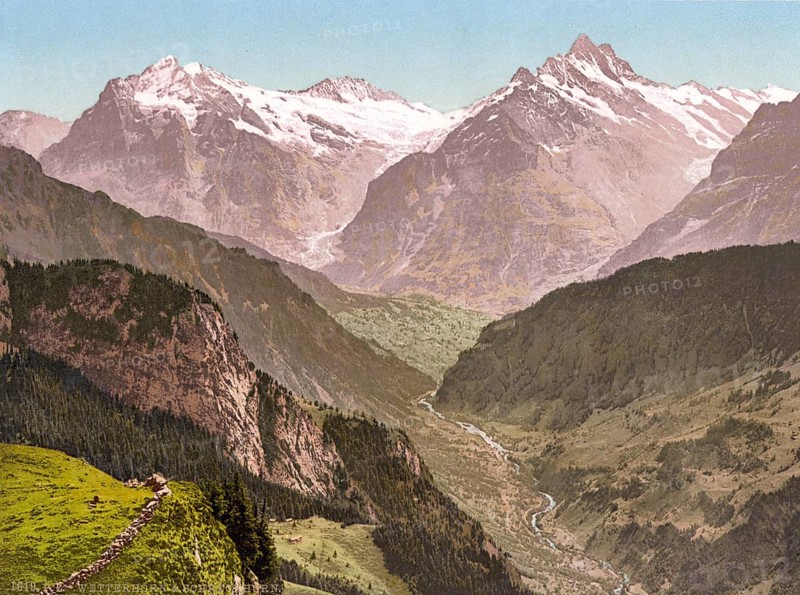 Wetterhorn and Schreckhorn, from Schynige Platte, Bernese Oberland, Switzerland, Historic, digitally restored reproduction from a 19th century original, Record date not stated, Wetterhorn and Schreckhorn, from Schynige Platte, Bernese Oberland, Switzerland, Historic, digitally restored reproduction from a 19th century original, Record date not stated, Europe