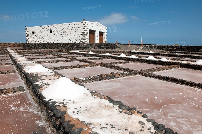 Historic salt works for salt extraction, now the salt museum Museo de la Sal, in the foreground small reservoirs for the evaporation of salt water, next to it skimmed sea salt, Antigua, Fuerteventura, Canary Islands, Spain, Europe