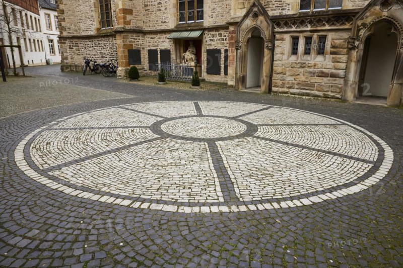 Rosette of white cobblestones at St Laurentius Church in Warendorf, Warendorf district, North Rhine-Westphalia, Germany, Europe