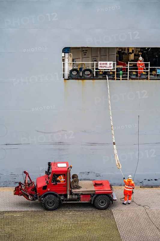 North lock in the overseas harbour of Bremerhaven, the vehicle transporter Durban Highway, under the flag of Panama, can load around 600 cars, leaves the harbour from the Bremerhaven car terminal, loaded with new cars, then heads for the Suez Canal, Bremen, Germany, Europe