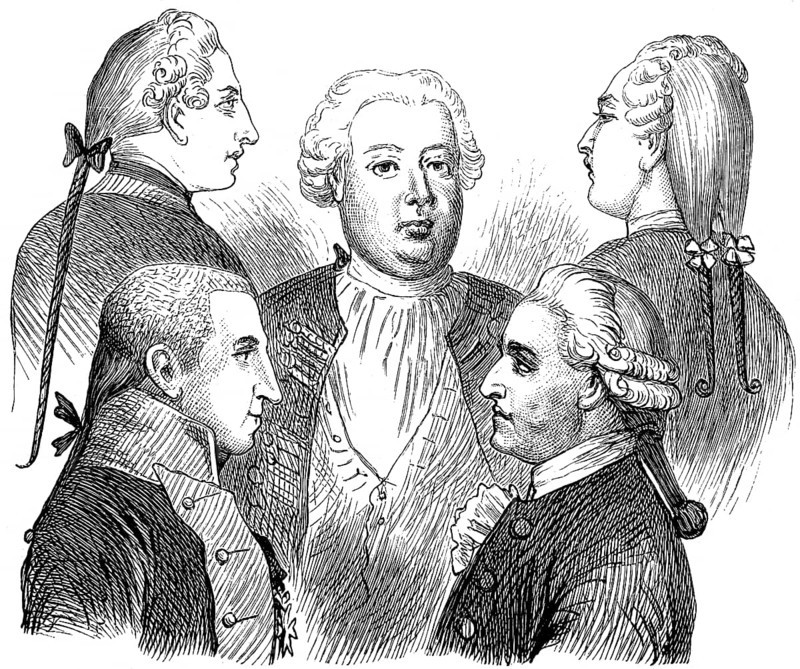 Various plaited costumes for men, King Frederick William I (centre), inventor of the plait, bow, wig, hair, fashion, view, head, Prussian history, historical illustration 1882