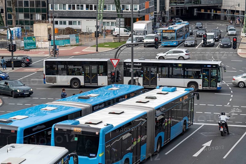 Wuppertal, intersection at the central bus station, at the main railway station, WSW buses, right next to the railway tracks, Wuppertal, North Rhine-Westphalia, Germany, Europe