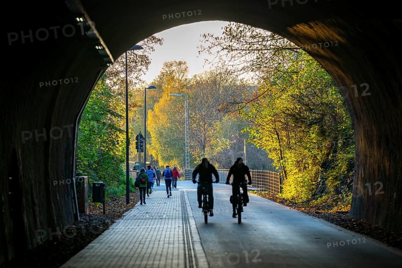 The Nordbahntrasse, a cycle path, footpath, on a former 22 KM long railway line, along the west-east axis of Wuppertal, on the northern slope, with many tunnels, viaducts and views of the city, tunnel passage, Wuppertal, North Rhine-Westphalia, Germany, Europe