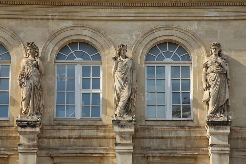 Three sculptures at the opera built in 1862, theatre, house facade with two windows, Toulon, Var, Provence, France, Europe