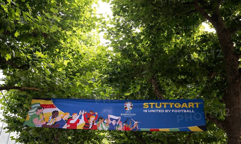 Banner, poster, Stuttgart is united by Football, logo, during the UEFA EURO 2024, European Football Championship, Königsstrasse, Stuttgart, Baden-Württemberg, Germany, Europe