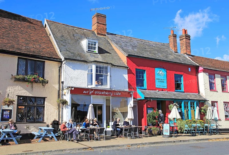 Wild Strawberry cafe and the Galley restaurant, Woodbridge, Suffolk, England, UK people sitting outside on sunny day