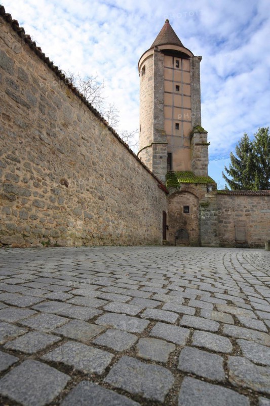 Salwartenturm and historic town fortifications, town wall, cobblestones, ground, view from below, defence defence tower, Dinkelsbühl, Middle Franconia, Franconia, Bavaria, Germany, Europe