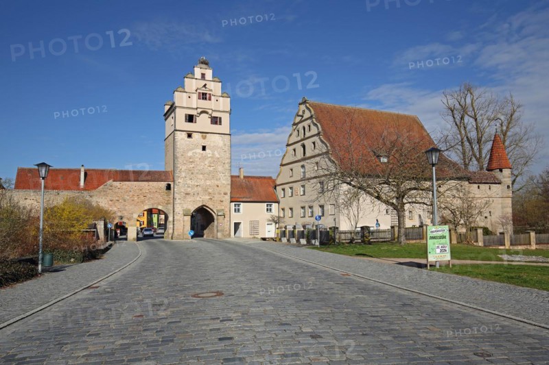 Nördlinger Tor with town fortifications, town wall and historic town mill, town gate, town tower, Dinkelsbühl, Middle Franconia, Franconia, Bavaria, Germany, Europe