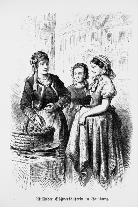 Old Country fruit seller in Hamburg, Old Country, Lower Saxony, basket, young woman, headdress, Germany, historical illustration 1880, Europe