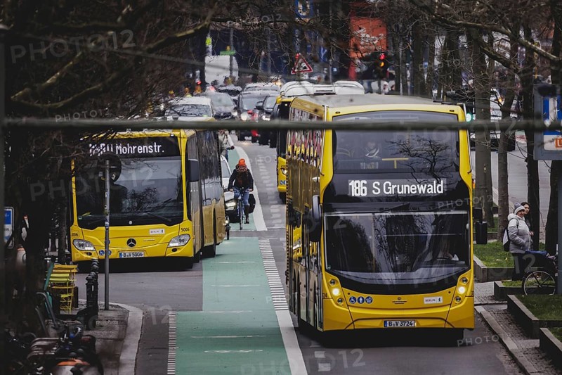 Two BVG buses travel along Schlossstraße in Berlin, 27 February 2024. Berliner Verkehrsbetriebe (BVG) have announced strikes for Thursday and Friday