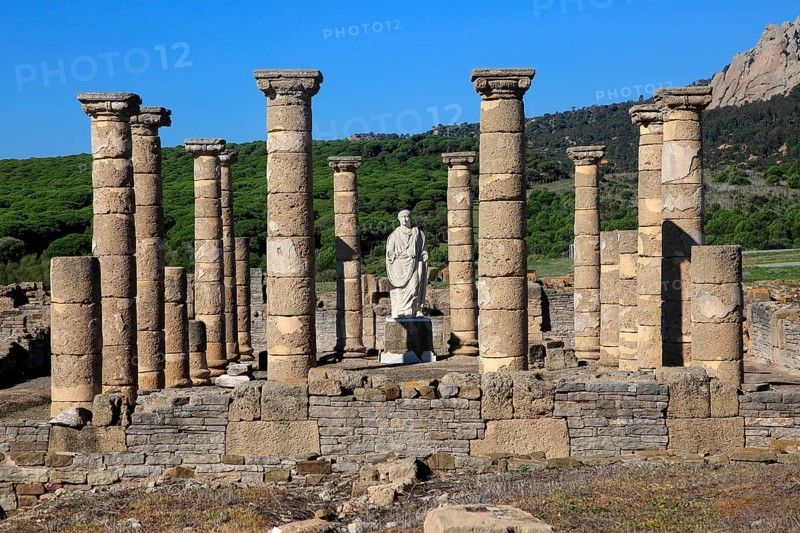Statue of Emperor Trajan in the forum, Baelo Claudia Roman site, Cadiz Province, Spain, Europe