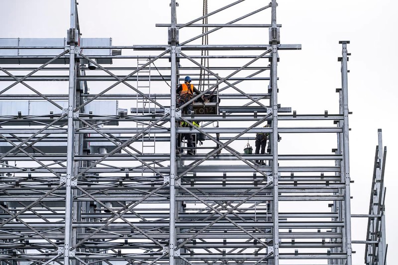 Construction of a high-bay warehouse, storage system for high space utilisation, in steel construction, North Rhine-Westphalia, Germany, Europe