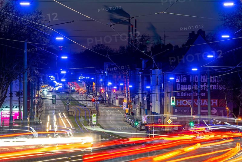 The Blue Ribbon, a light installation along Kurt-Schumacher-Straße, in Gelsenkirchen Schalke, 2.7 km long, organised by the Schalker Markt Foundation, North Rhine-Westphalia, Germany, Europe