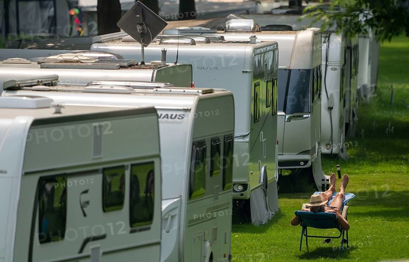 Campsite, caravan, person sunbathing, Mülheim an der Ruhr, North Rhine-Westphalia, Germany, Europe