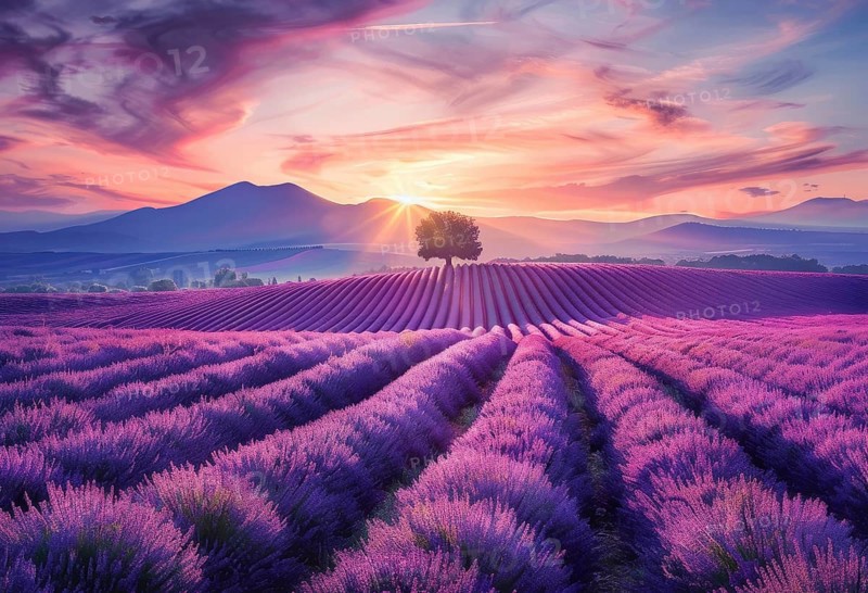 Scenic sunset field of lavender in France. Sunset sky is filled with clouds, AI generated