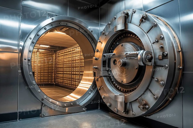 Open bank vault door, revealing a room filled with safety deposit boxes in safe depositary. The metallic and sturdy design of the door highlights security and protection, AI generated