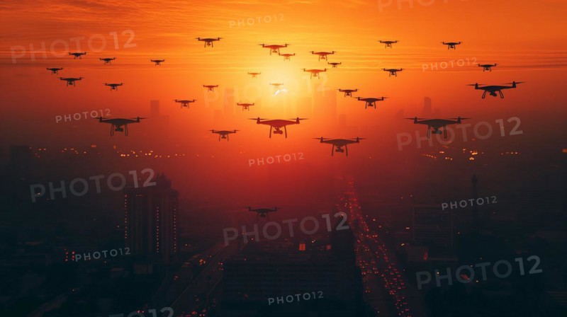 Swarm of UAV unmanned aircraft drones flying near the United States capitol at sunset, AI generated
