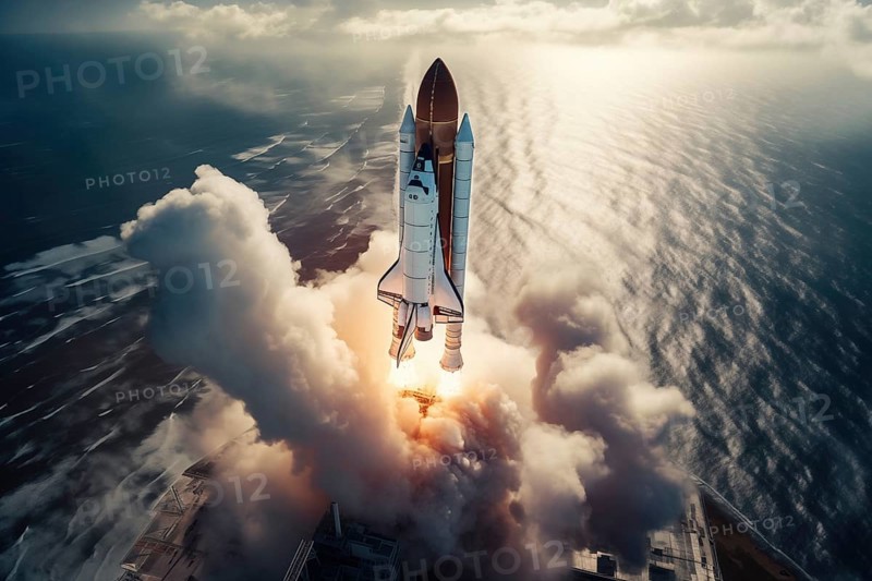 Aerial view of a rocket shuttle carrier launch at sunrise over an ocean coast. The rocket is blasting off with a trail of smoke and flames behind it, AI generated