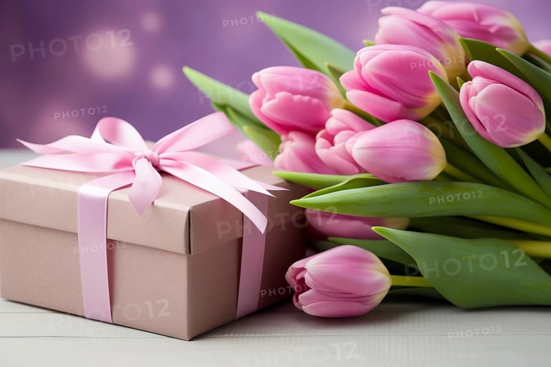 Gift Box with Pink Ribbon Beside bouquet of Fresh Tulips on Bokeh Background. Good for Valentine day, March 8, mother day, spring holidays, birthday designs, AI generated