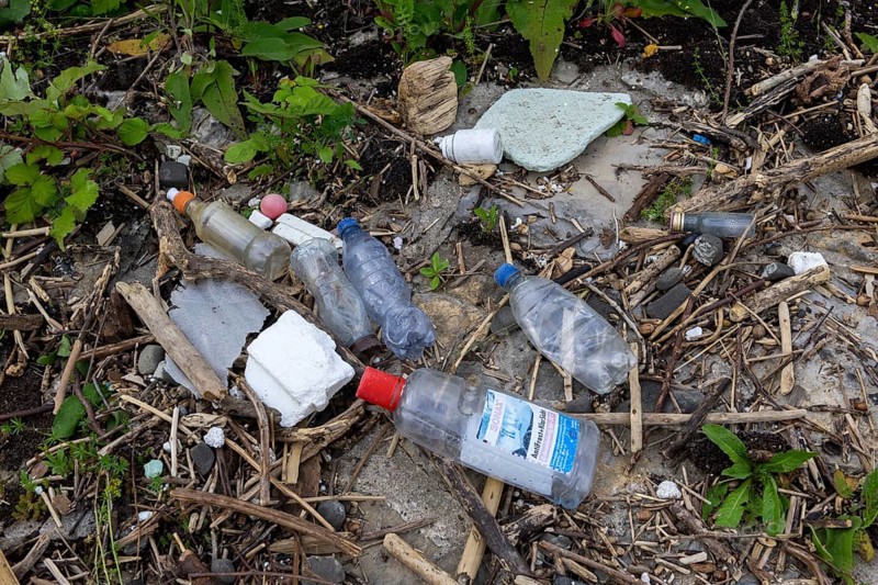 Symbolic image Environmental pollution, plastic waste, rubbish, flotsam from a flood on the Neckar river, wood, Poppenweiler, Baden-Württemberg, Germany, Europe