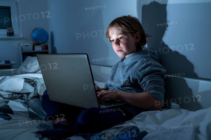 Boy, at home on the computer, laptop, in the children's room, playing a game