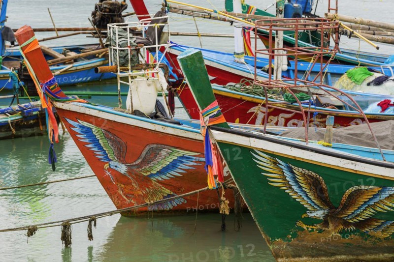 Colourful fishing boats, boat, ship, fishing boat, colourful, colourful, decorated, harbour, sea, seafaring, ocean, fisherman, work, tradition, wooden boat, fishing, fishing cutter, painted, art, sea eagle, detail, profession, traditional, holiday, travel, tourism, fishing, island, holiday island, Koh Samui, Thailand, Asia
