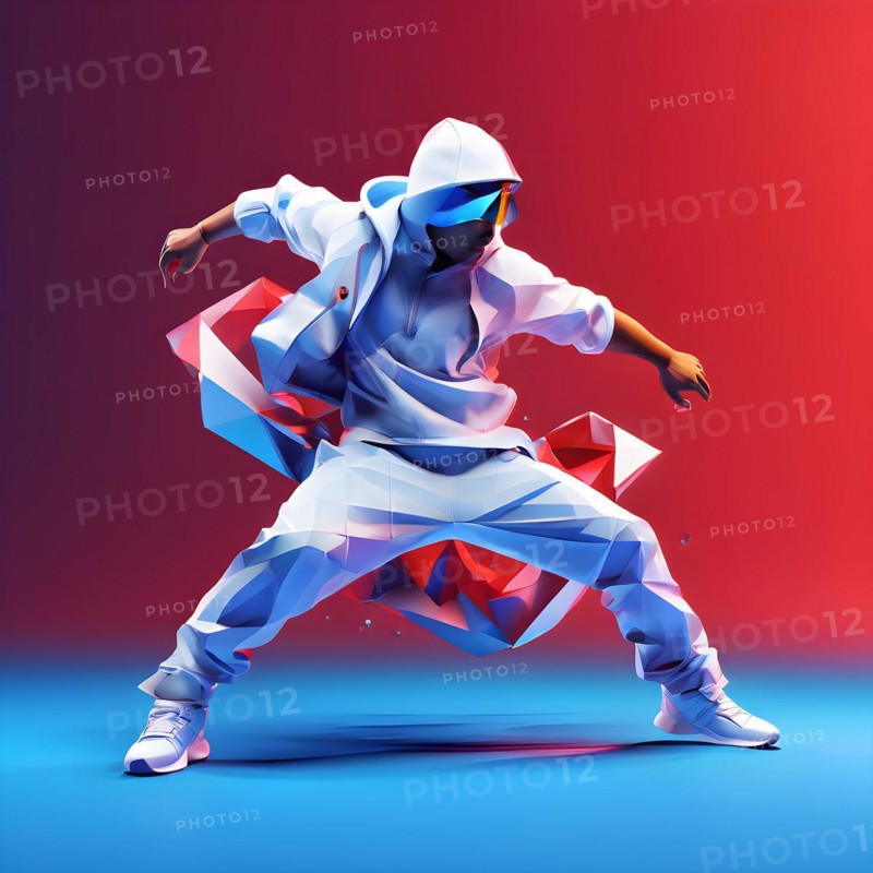 Olympic breakdancer transformed into fluid abstract shapes french tricolor blue white red, AI generated