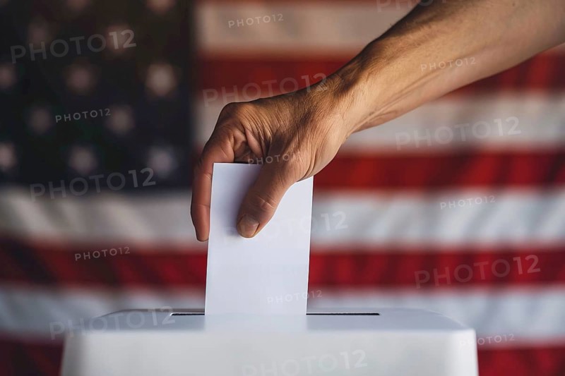 Concept for United States presidential election with ballot paper being put in box. Generative AI, AI generated