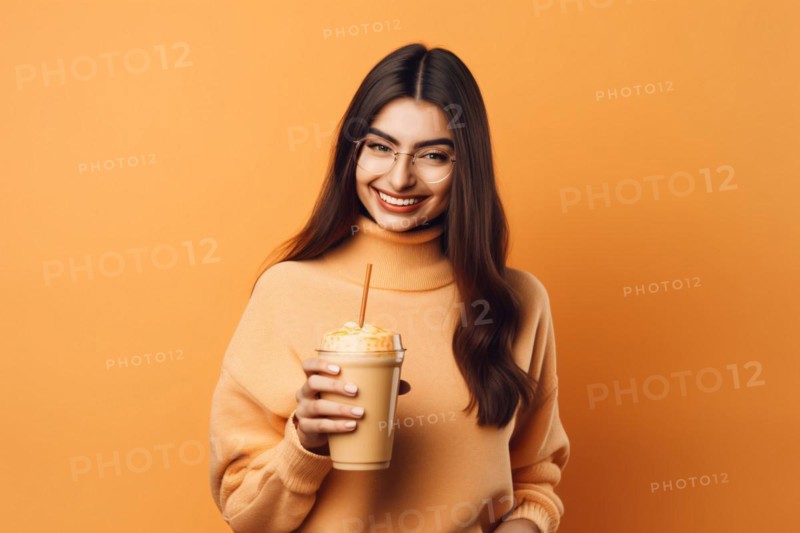 Young woman holding cup of pumpkin spice latte in hand. KI generiert, generiert, AI generated