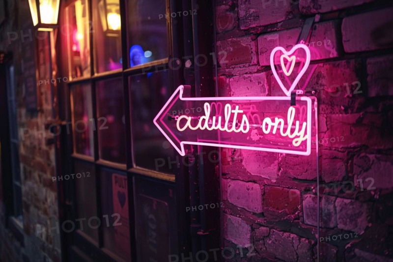 Pink neon light sign with 'Adults only' text hanging on wall. KI generiert, generiert, AI generated