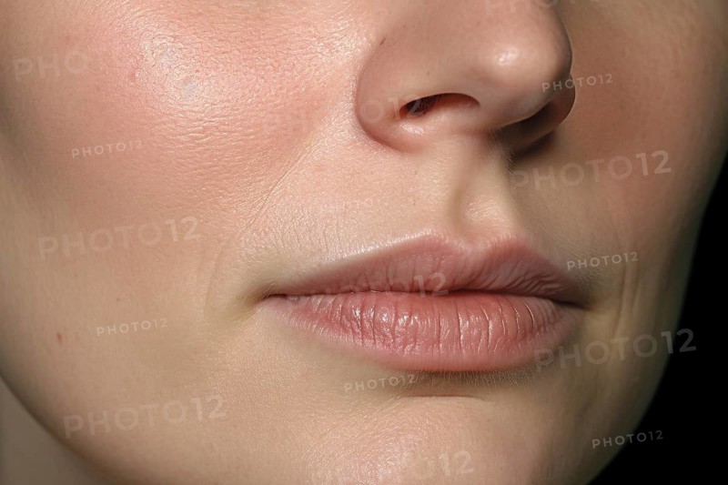Close up of mouth of young woman with slight nasolabial folds wrinkles. KI generiert, generiert AI generated