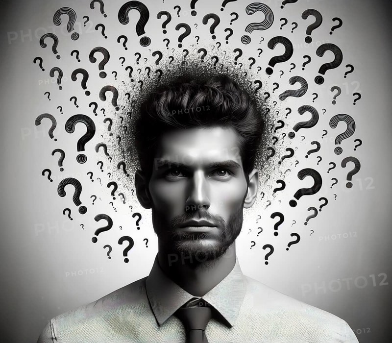 A man whose head is buzzing with question marks, symbolic image knowledge, question, question mark, insight, education, ignorant, learning, AI generated, AI generated