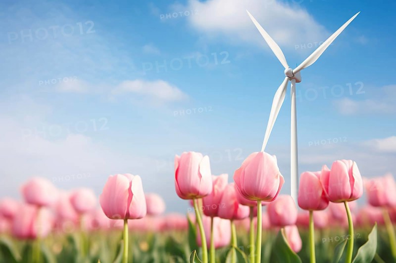 Pink tulip flowers with wind mill turbine in background. Renewable energy in spring. KI generiert, generiert AI generated